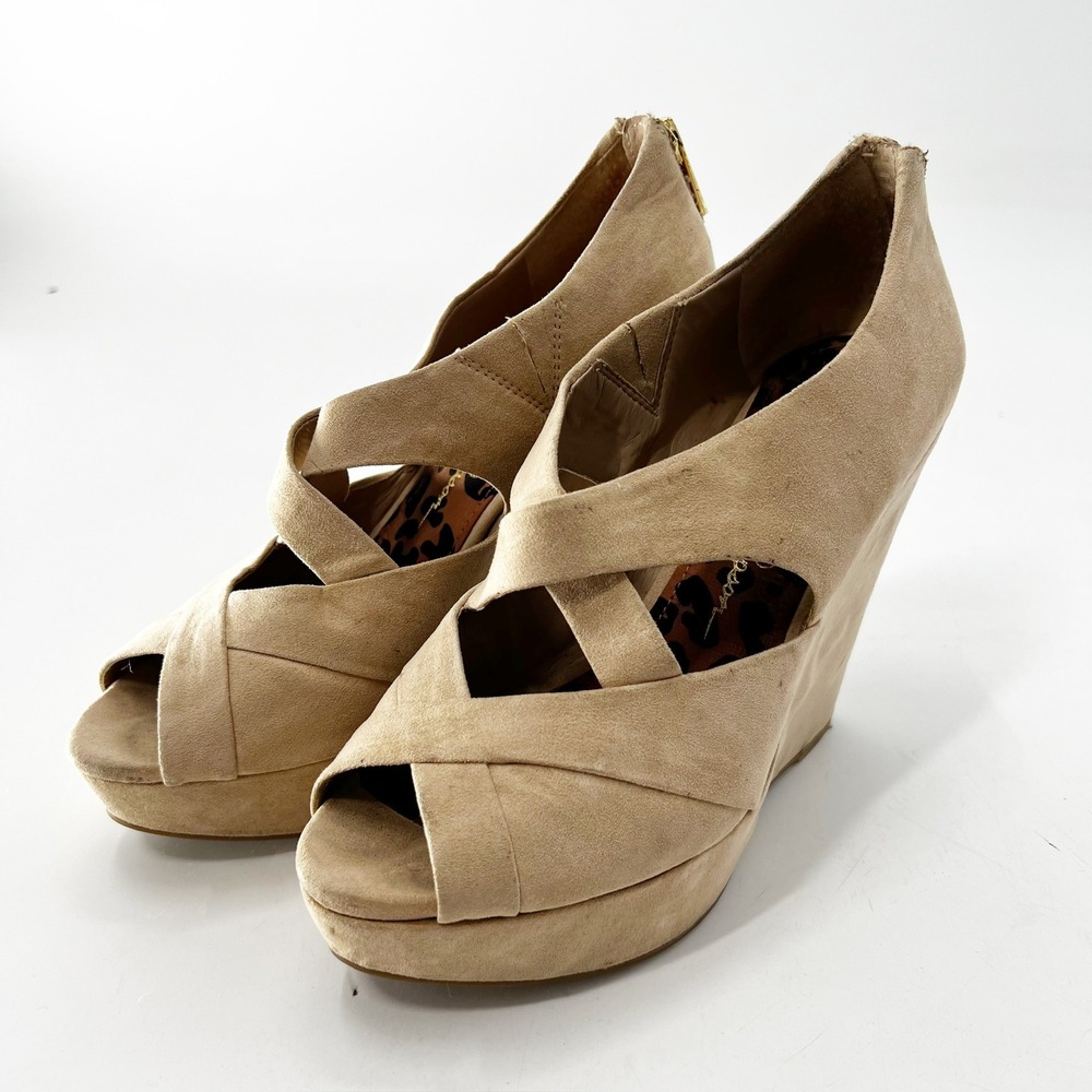 Jessica Simpson Wedges Heels Platforms Peep Toe Criss Cross Tan Shoes Sz 7B